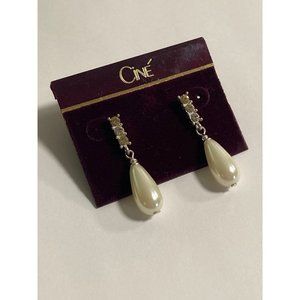 Vintage Cine Rhinestone Teardrop Faux Pearl Pierced Earrings